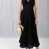 Three Graces London | Black Rose Short Sleeve Linen Dress