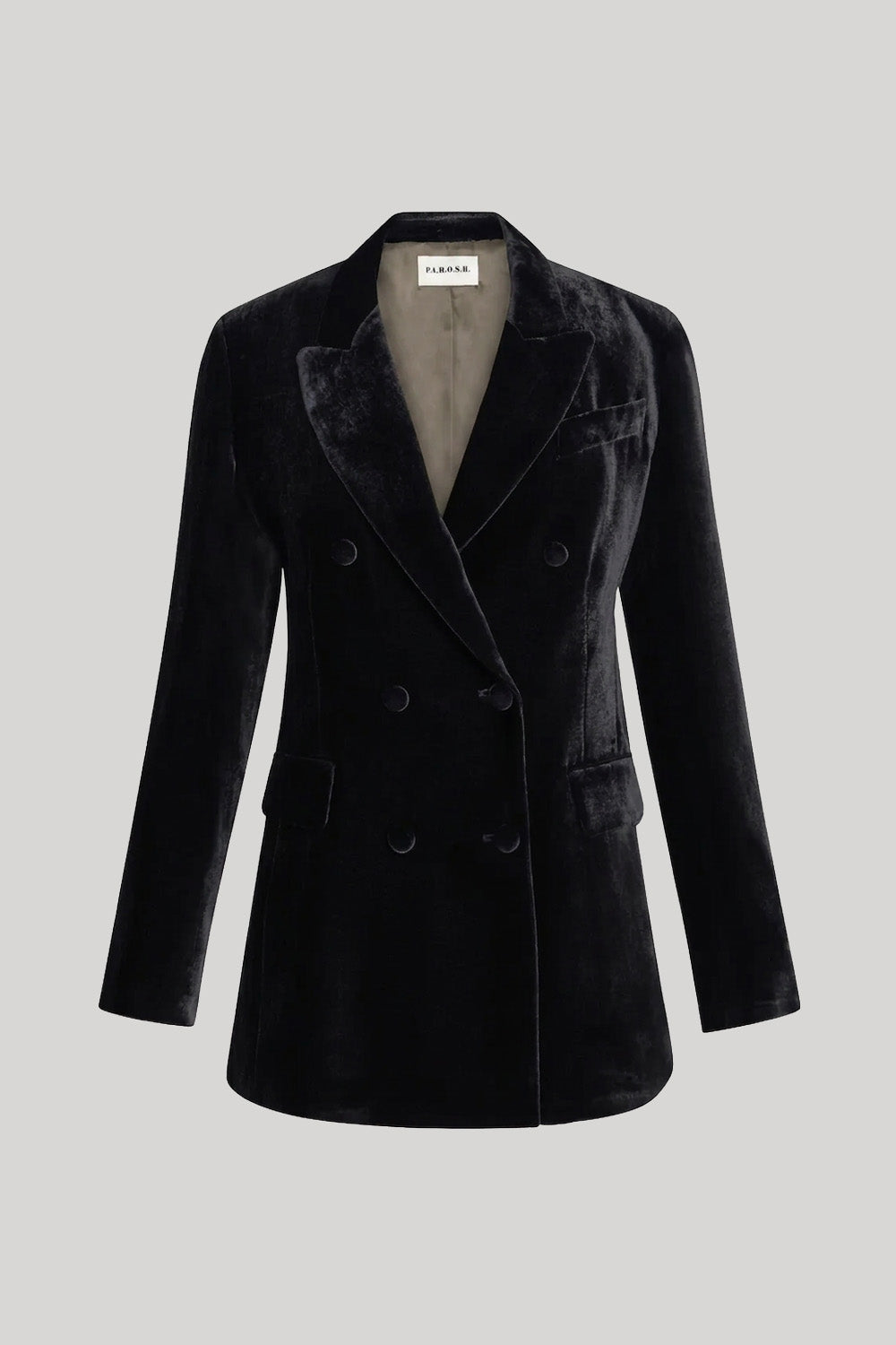 A black velvet double-breasted blazer with notched lapels and a structured silhouette from Parosh, shown on a neutral light gray background.