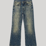 A pair of mid-waisted, cropped-leg blue denim jeans from R13 with a faded wash, shown flat against a solid light gray background. 