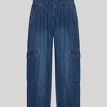 A pair of high-waisted blue denim cargo pants 