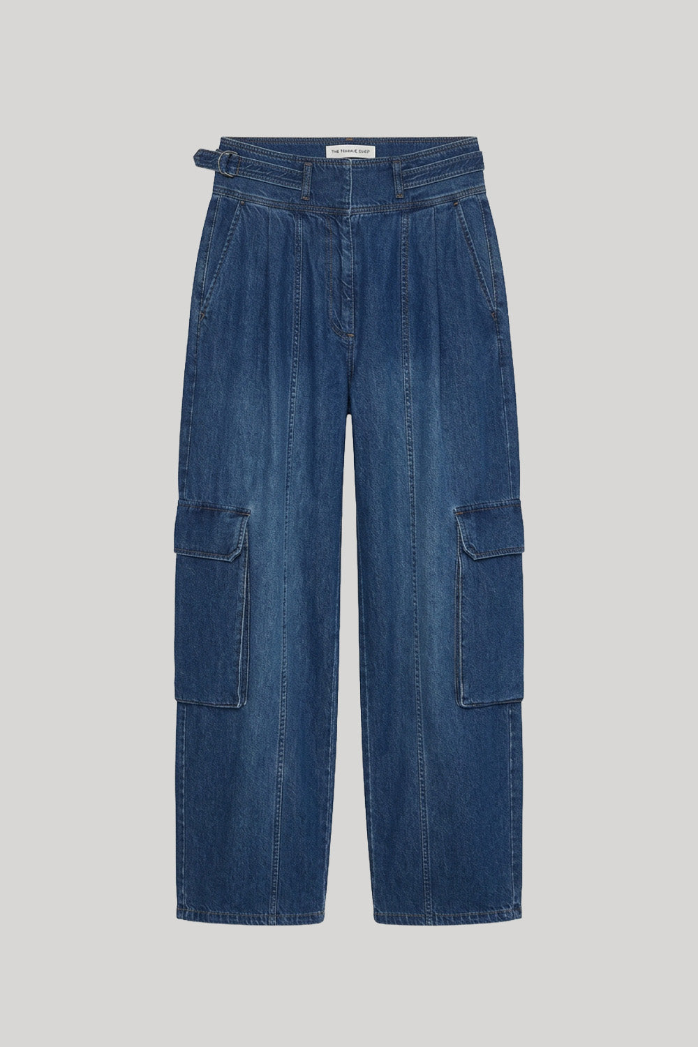 A pair of high-waisted blue denim cargo pants 