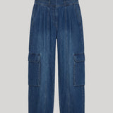A pair of high-waisted blue denim cargo pants 