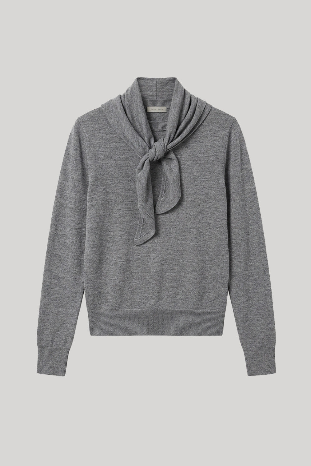 A heather gray knit sweater with a scarf detail
