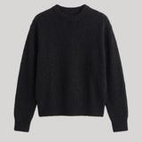 A black long-sleeve crewneck knit sweater