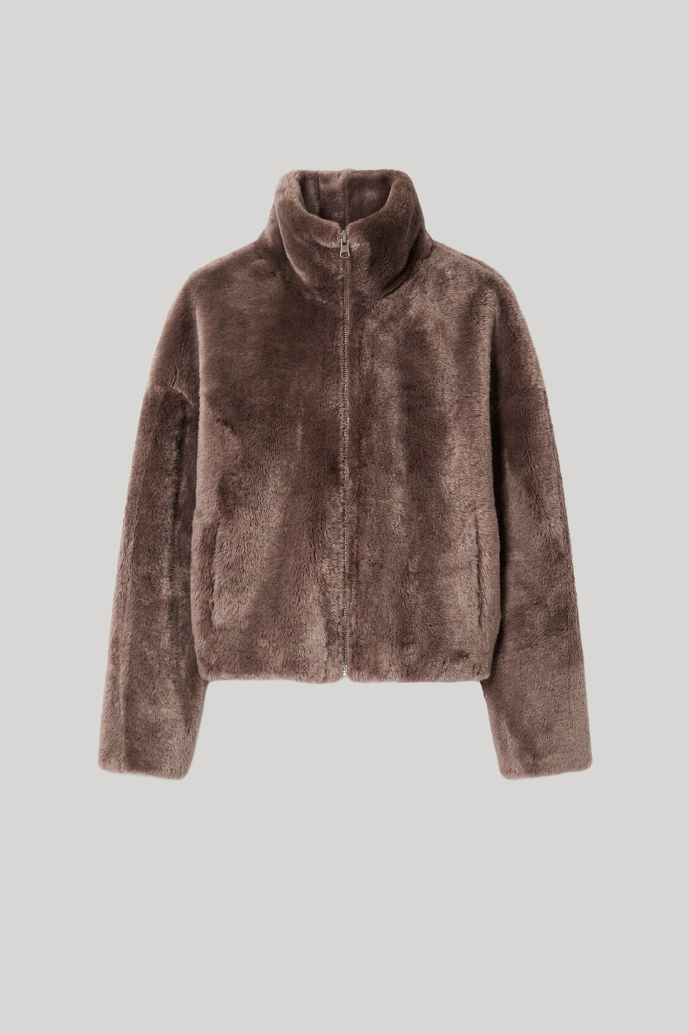 Brown wool jacket with funnel neck
