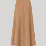 A camel-colored A-line midi skirt made of a soft wool fabric, shown against a solid light gray background.