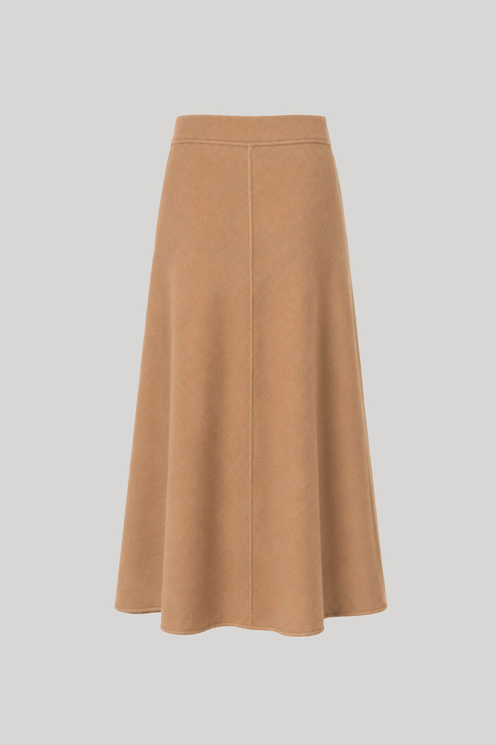 A camel-colored A-line midi skirt made of a soft wool fabric, shown against a solid light gray background.