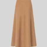 A camel-colored A-line midi skirt made of a soft wool fabric, shown against a solid light gray background.