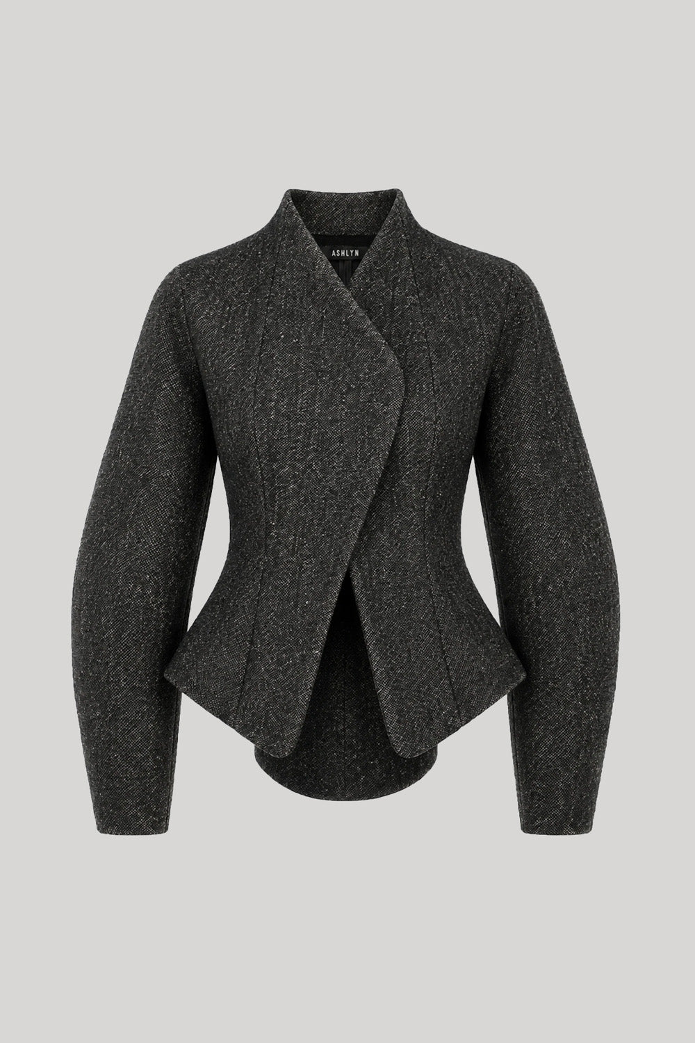 A dark charcoal gray textured wrap jacket 