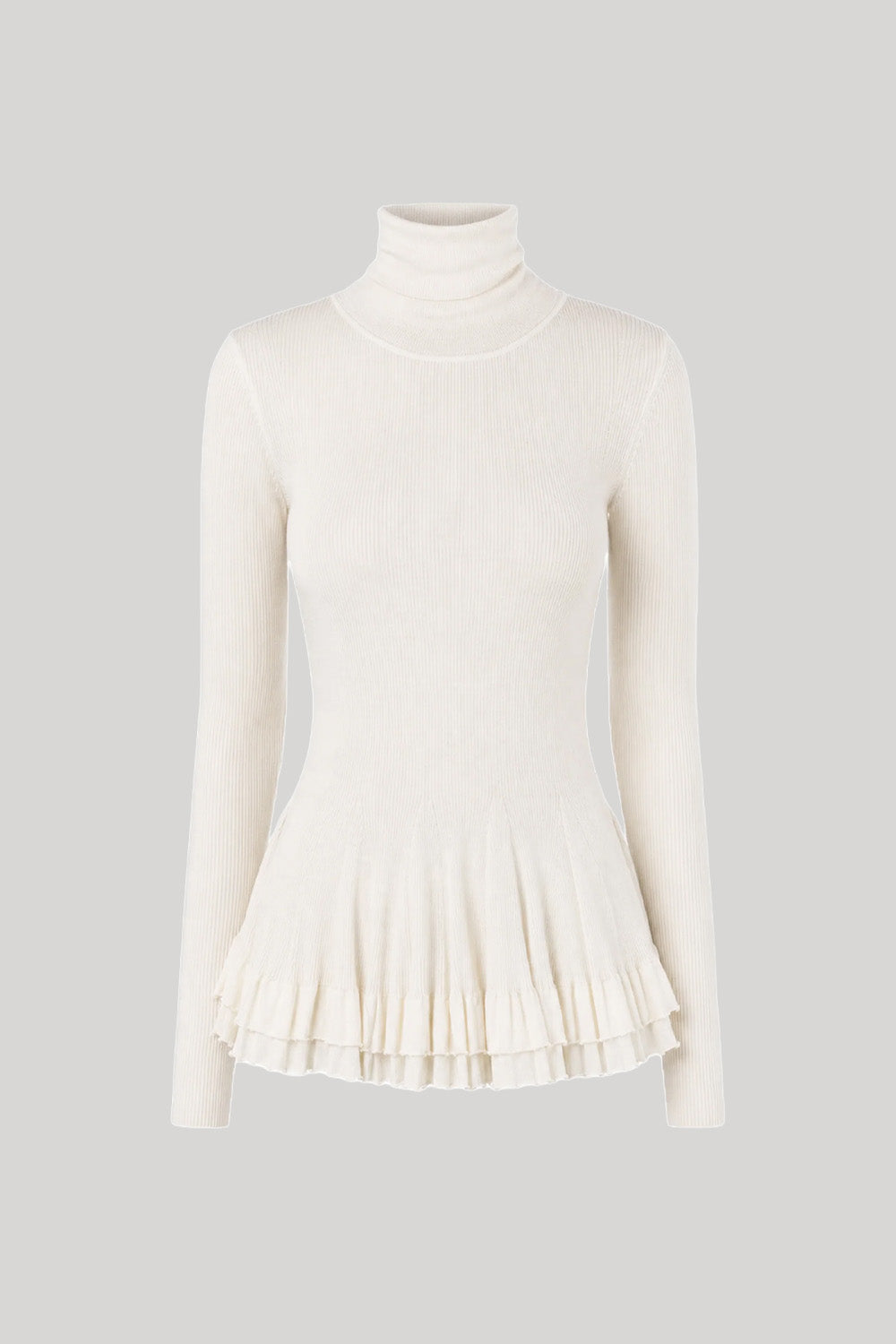 White turtleneck with ruffle detail