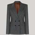 A gray double-breasted blazer