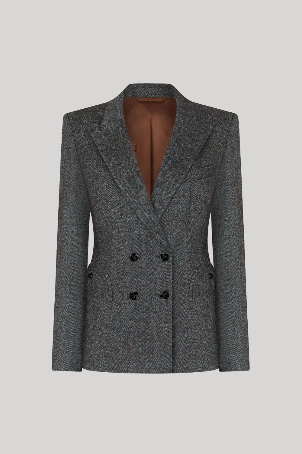 A gray double-breasted blazer