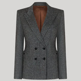 A gray double-breasted blazer