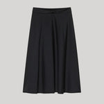 A black A-line midi skirt