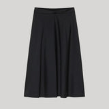 A black A-line midi skirt