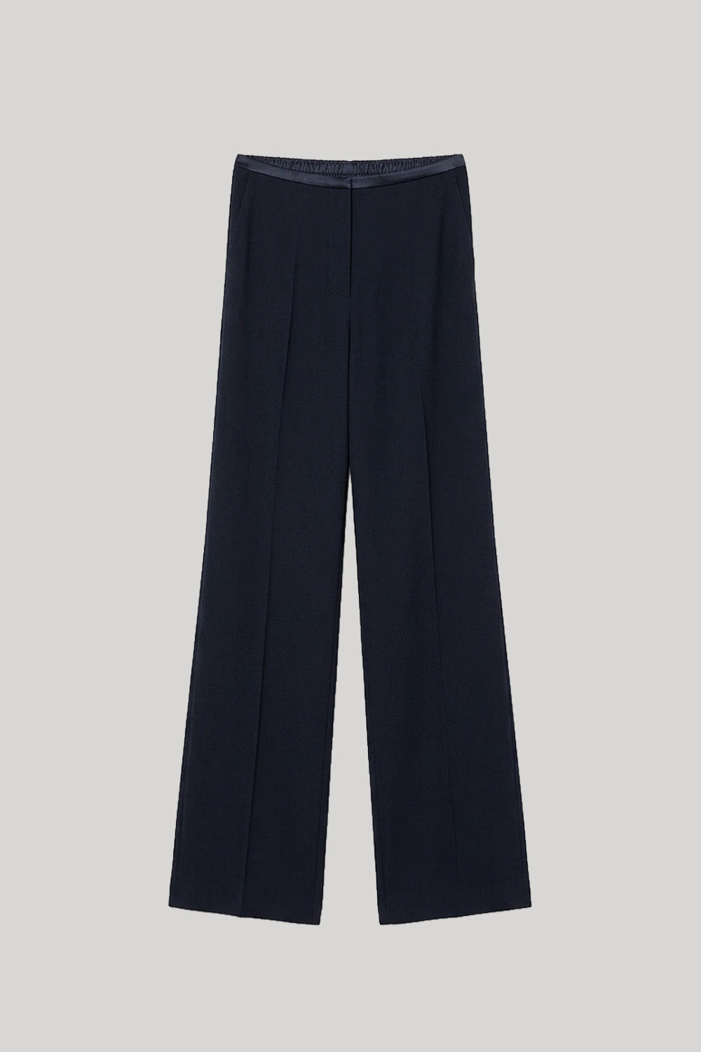 A pair of dark navy wide-leg trousers