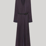 A dark plum purple long-sleeve wrap dress 