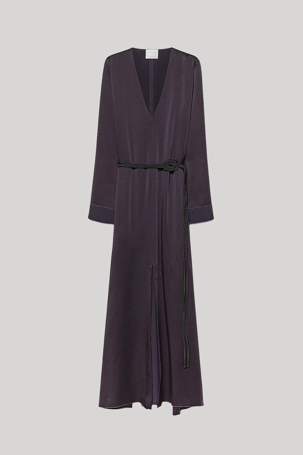A dark plum purple long-sleeve wrap dress 