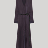 A dark plum purple long-sleeve wrap dress 