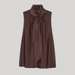 Brown silk sleeveless blouse with neck tie