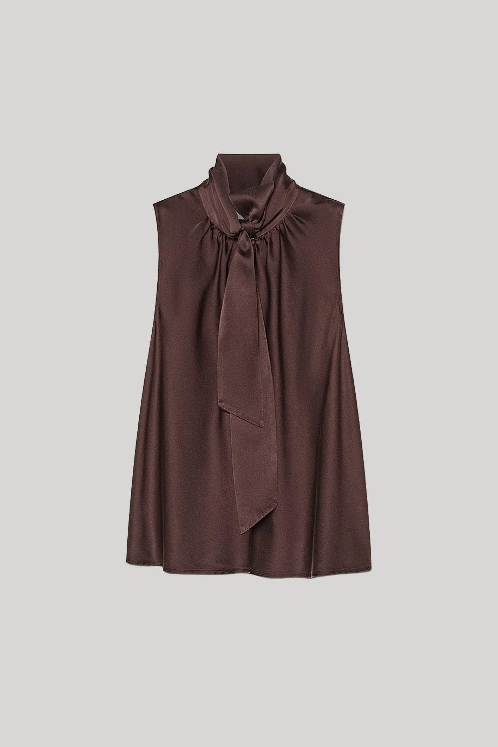Brown silk sleeveless blouse with neck tie
