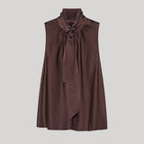 Brown silk sleeveless blouse with neck tie