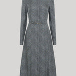 A long-sleeve collared dress in a textured gray and black herringbone pattern, from Gabriela Hearst, featuring a matching belt at the waist, shown against a solid light gray background.