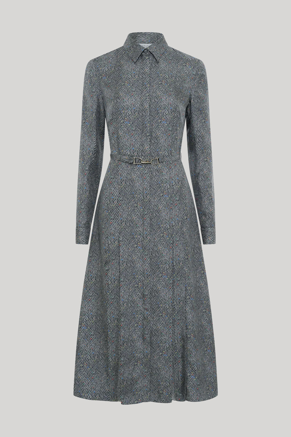 A long-sleeve collared dress in a textured gray and black herringbone pattern, from Gabriela Hearst, featuring a matching belt at the waist, shown against a solid light gray background.