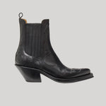 A black leather ankle boot with western-style stitching