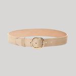 A light beige leather belt with a gold-tone buckle, from Gabriela Hearst, displayed in a curved shape on a solid light gray background.
