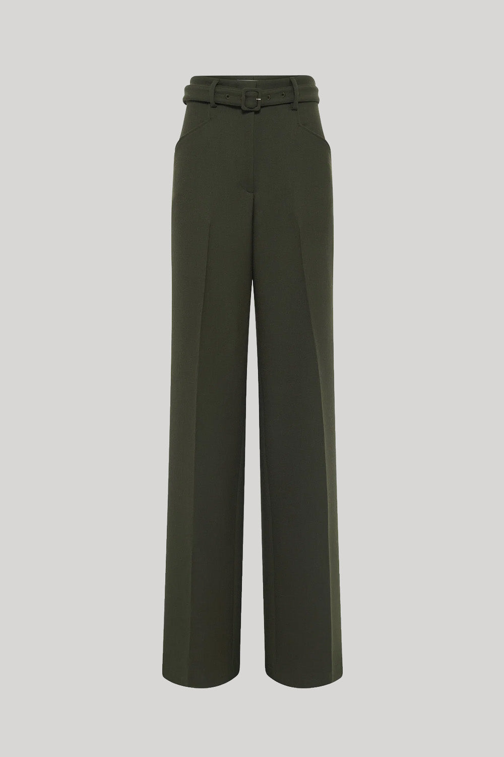 A pair of dark olive green wide-leg trousers with a matching belt, from Gabriela Hearst, displayed on a neutral light gray background.
