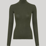 An olive green ribbed long-sleeve turtleneck sweater from Gabriela Hearst displayed on a ghost mannequin against a solid light gray background.