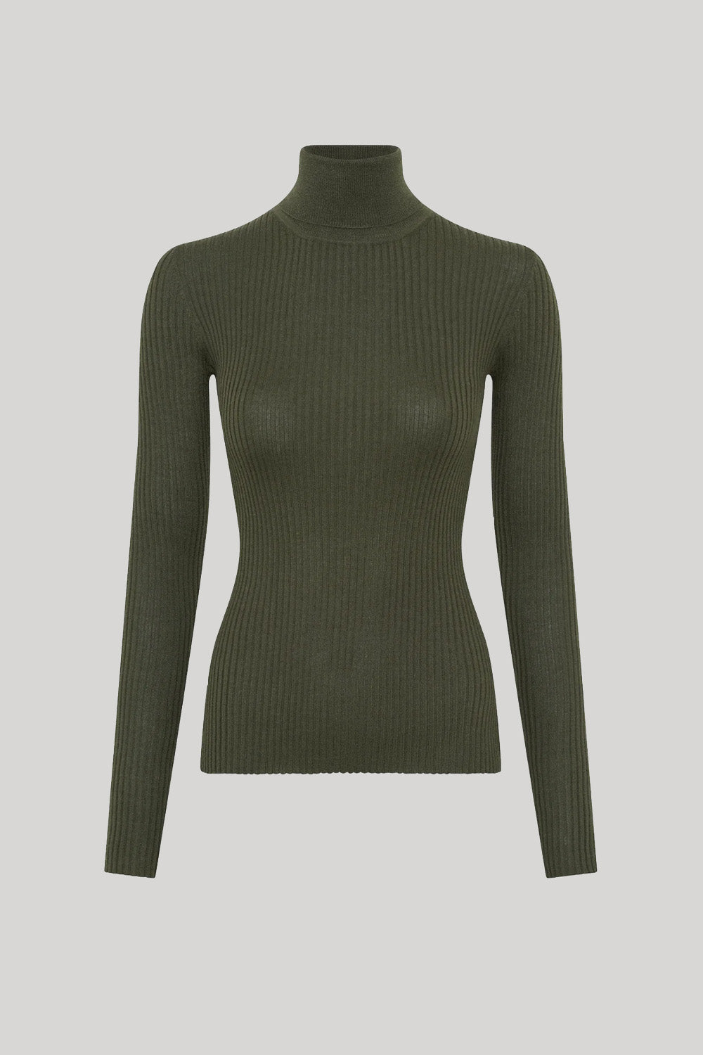 An olive green ribbed long-sleeve turtleneck sweater from Gabriela Hearst displayed on a ghost mannequin against a solid light gray background.
