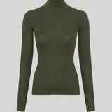 An olive green ribbed long-sleeve turtleneck sweater from Gabriela Hearst displayed on a ghost mannequin against a solid light gray background.