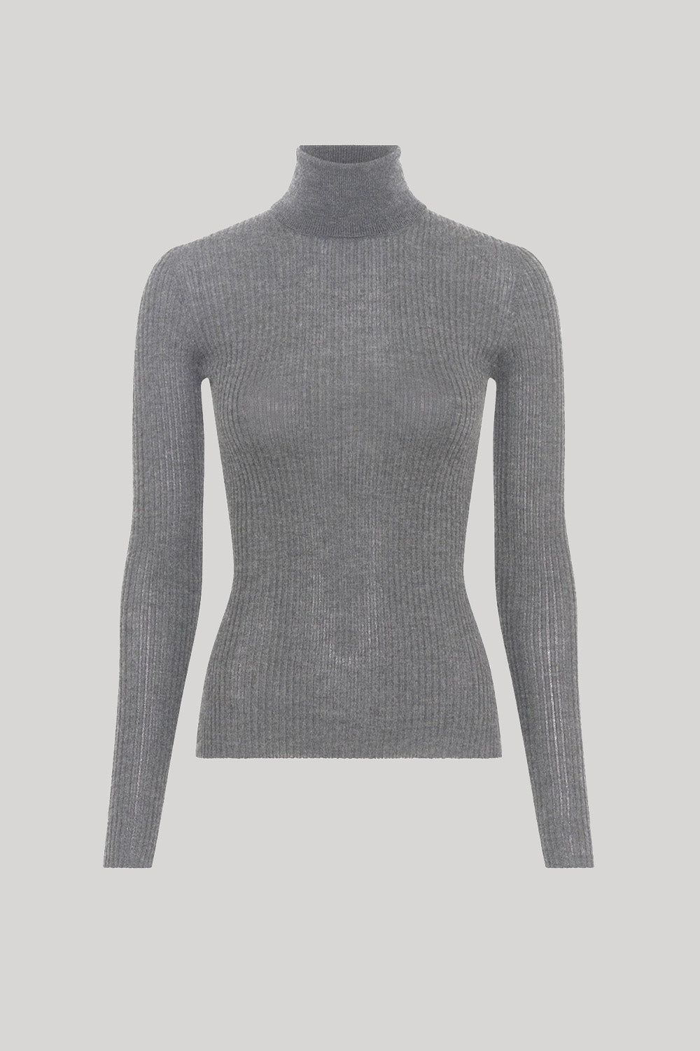 A gray ribbed knit turtleneck sweater from Gabriela Hearst, displayed on a ghost mannequin against a solid light gray background.