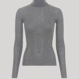 A gray ribbed knit turtleneck sweater from Gabriela Hearst, displayed on a ghost mannequin against a solid light gray background.