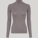 A ribbed knit turtleneck sweater in a muted taupe-gray color, from Gabriela Hearst, displayed on a ghost mannequin against a solid light gray background. 