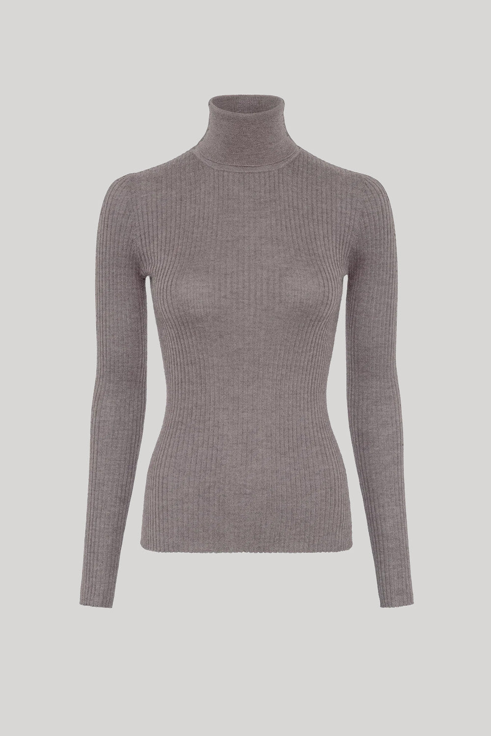 A ribbed knit turtleneck sweater in a muted taupe-gray color, from Gabriela Hearst, displayed on a ghost mannequin against a solid light gray background. 