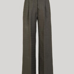 A pair of dark olive green wide-leg trousers