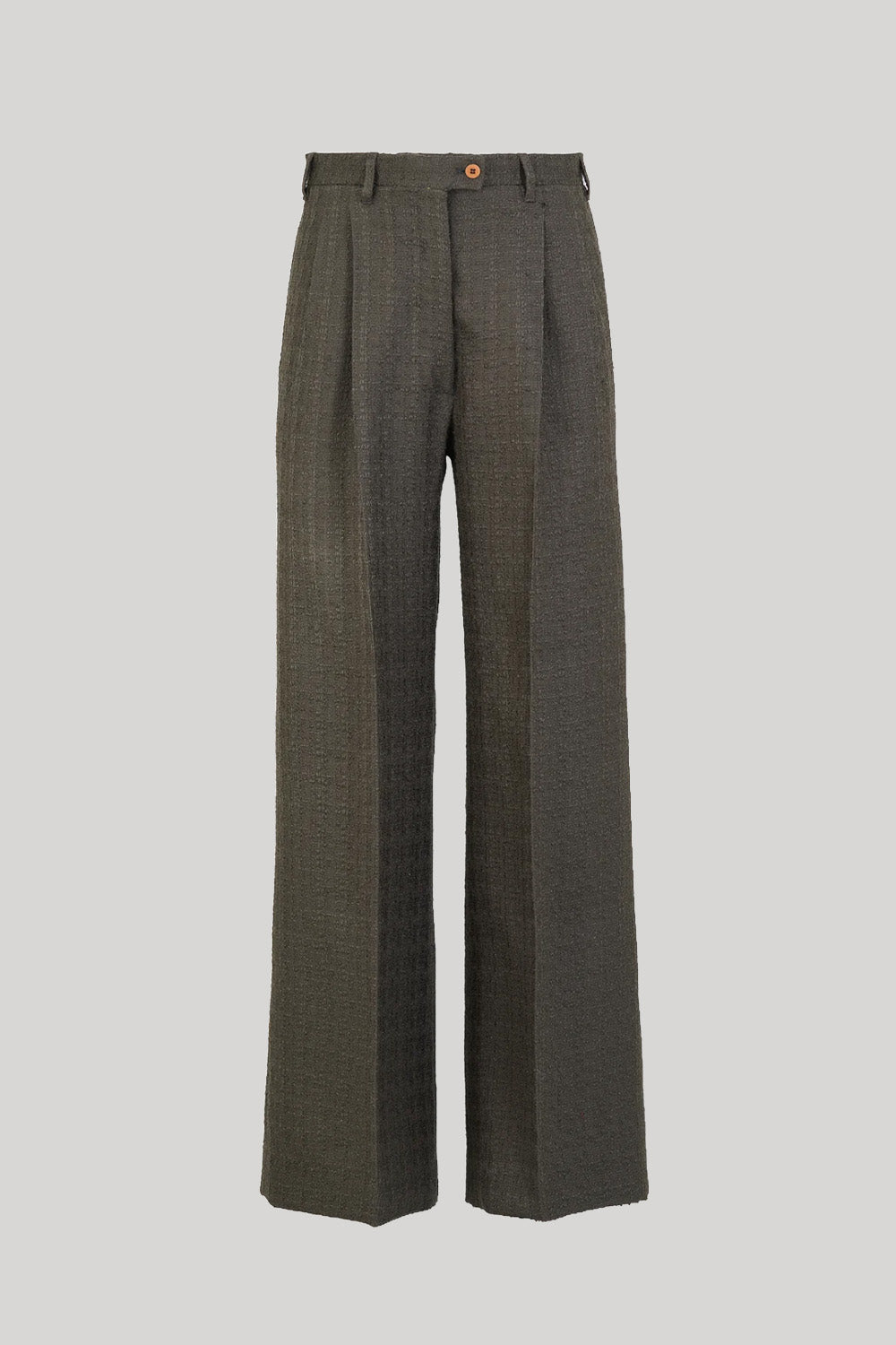 A pair of dark olive green wide-leg trousers