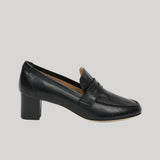 Black heeled penny loafer