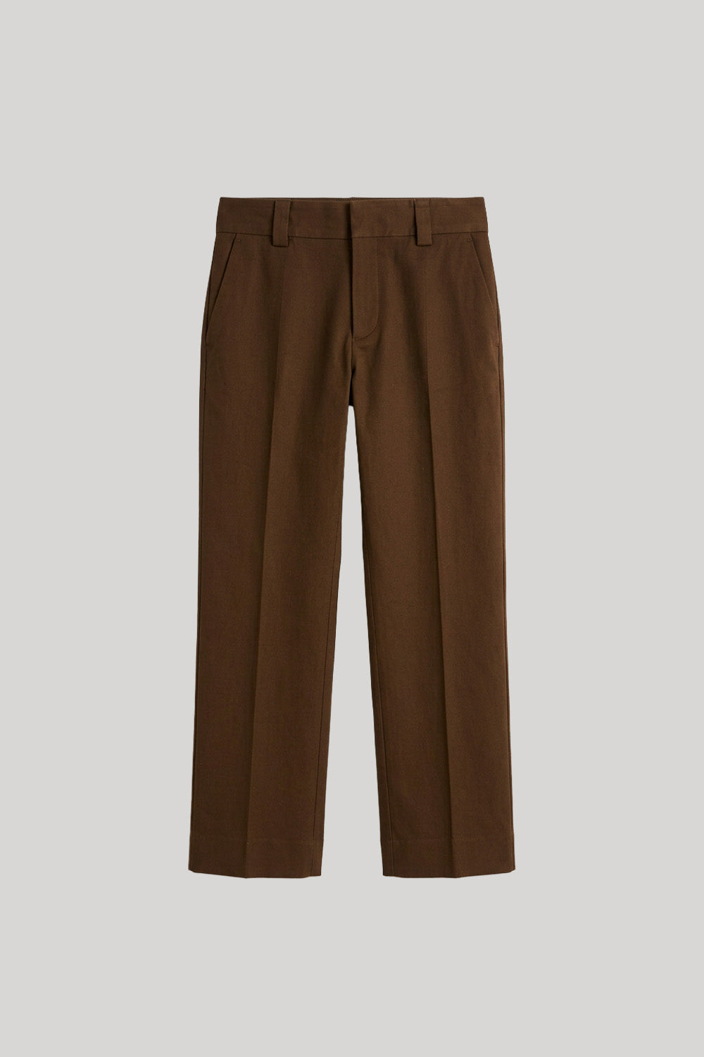 A pair of dark brown straight-leg trousers