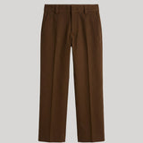 A pair of dark brown straight-leg trousers