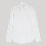 A white long-sleeve Jil Sander button-up shirt with a pointed collar and matching buttons, displayed flat against a solid light gray background.