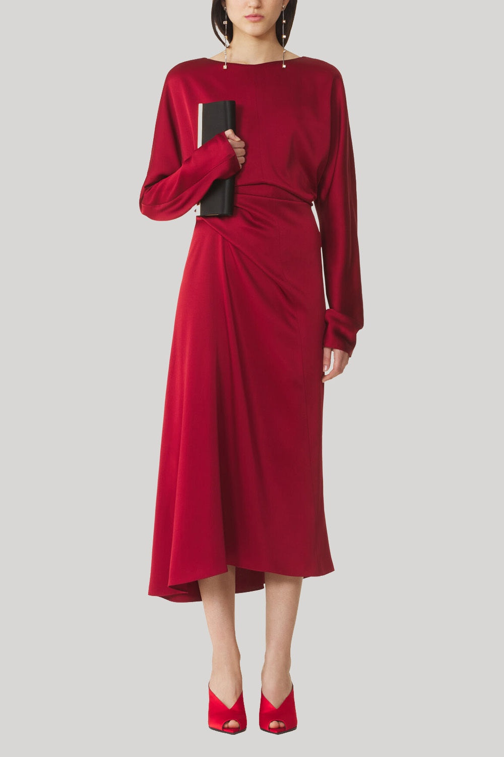 Red draped dress with button detail