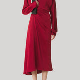 Red draped dress with button detail