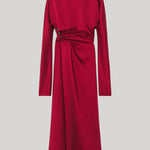 Red draped dress with button detail