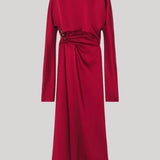 Red draped dress with button detail