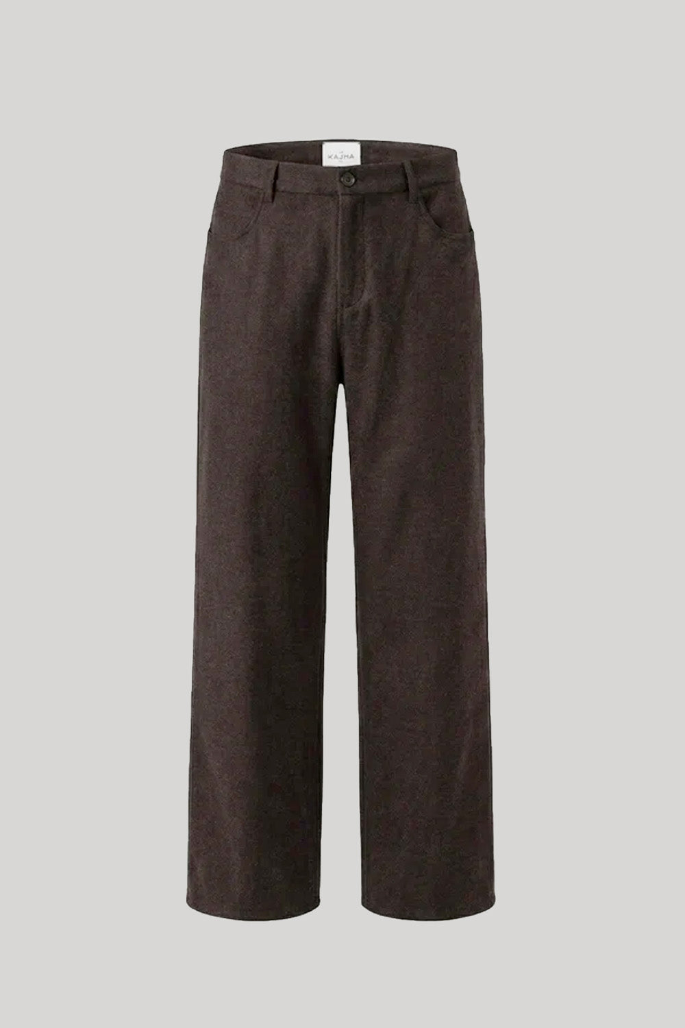 A pair of dark brown wide-leg trousers