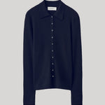 A dark navy blue ribbed knit button-up cardigan 